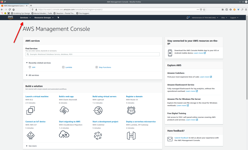 Screenshot of the AWS Management Console and opening the “Services” dropdown